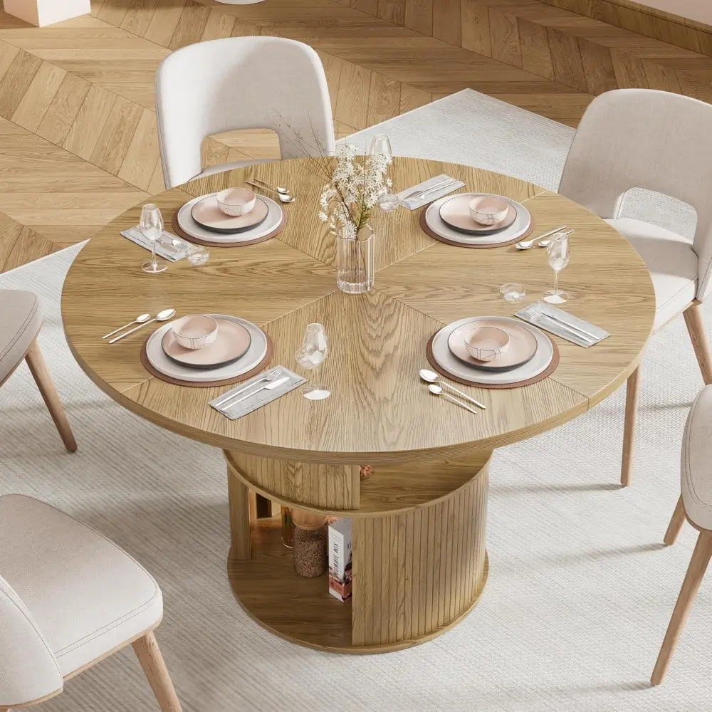 47 inch Round Dining Table for 4, Farmhouse Kitchen Dining Table with 2-Layer Storage Shelf and Fluted Panel, Modern Wooden Dini
