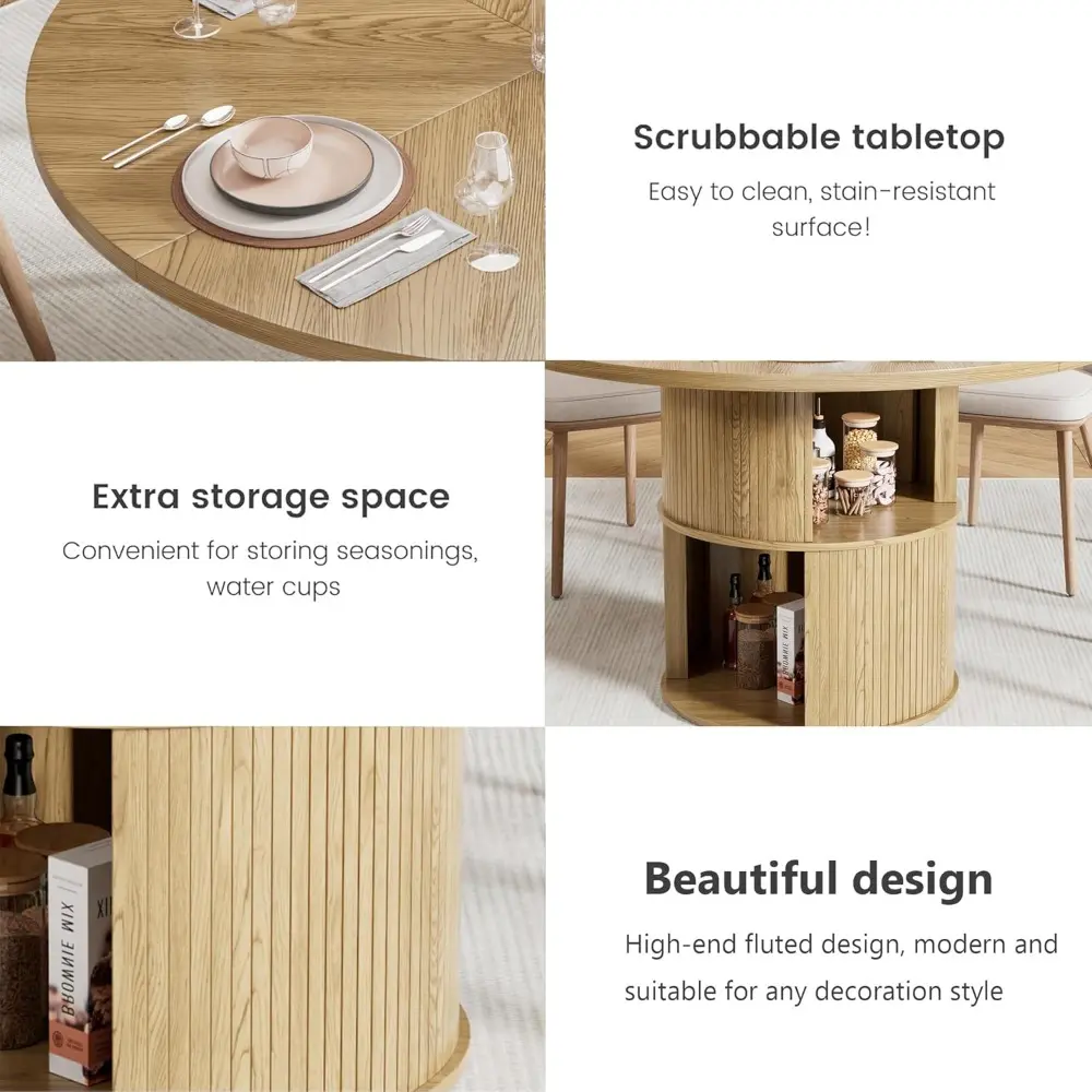47 inch Round Dining Table for 4, Farmhouse Kitchen Dining Table with 2-Layer Storage Shelf and Fluted Panel, Modern Wooden Dini