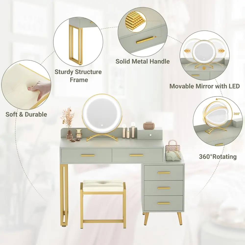 Vanity Desk with Mirror and Lights, Modern Makeup Vanity Table Set with 6 Storage Drawers and Cushioned Stool for Bedroom, Dress