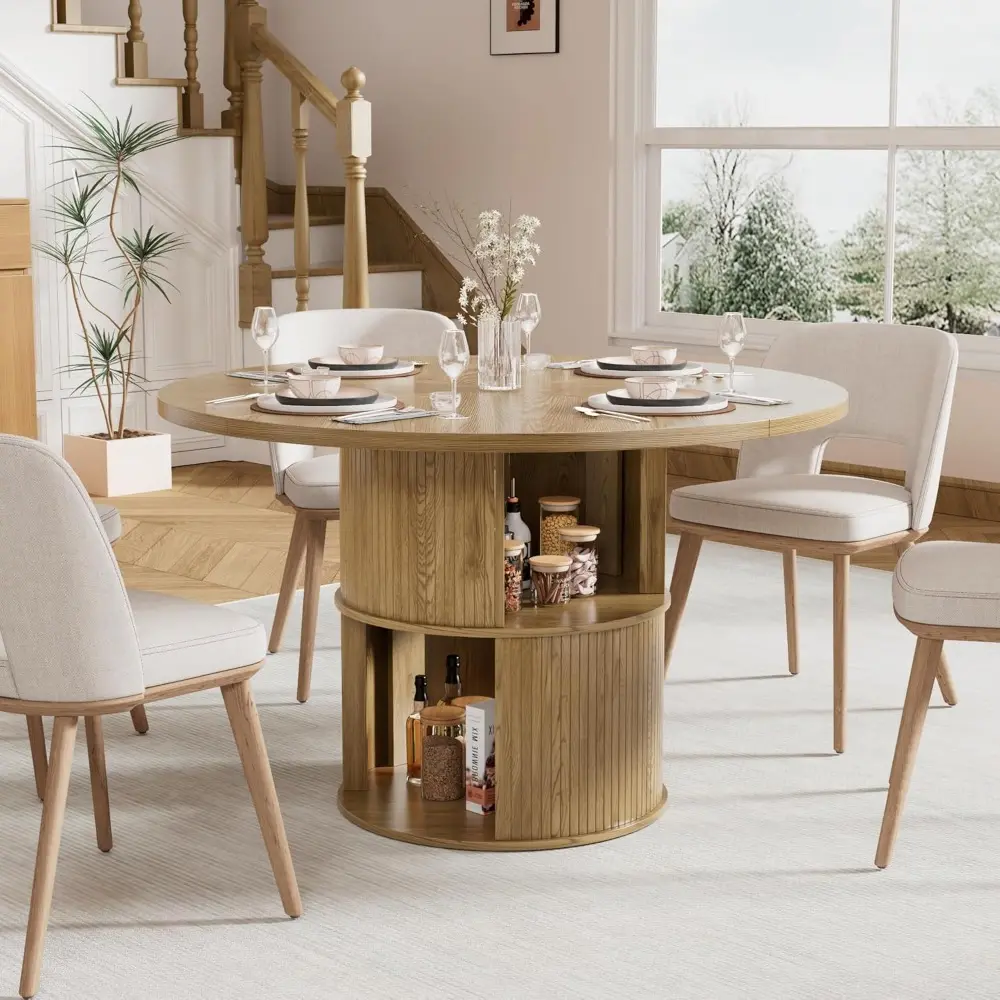 47 inch Round Dining Table for 4, Farmhouse Kitchen Dining Table with 2-Layer Storage Shelf and Fluted Panel, Modern Wooden Dini