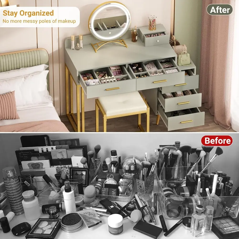 Vanity Desk with Mirror and Lights, Modern Makeup Vanity Table Set with 6 Storage Drawers and Cushioned Stool for Bedroom, Dress