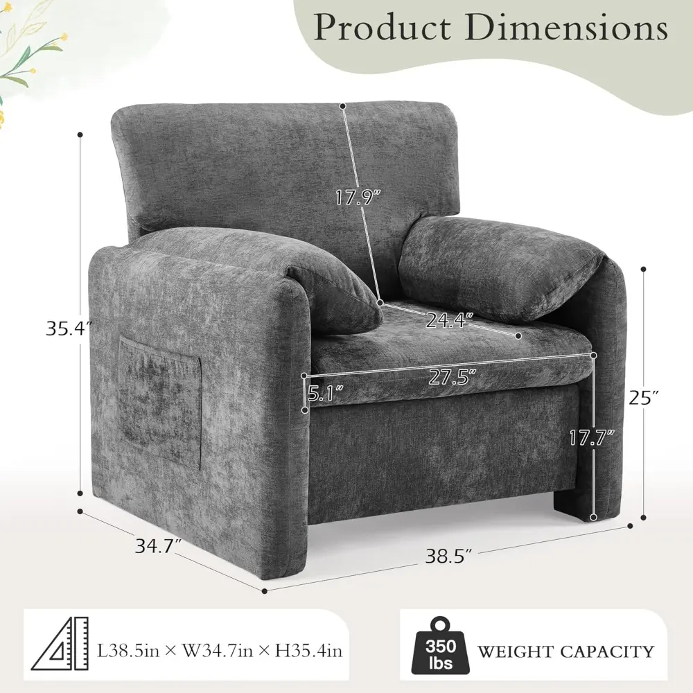 39" Modern Chenille Oversized Armchair, Wide Accent Chair, Mid Century Single Sofa Chairs, Comfy Upholstered Reading Chair for