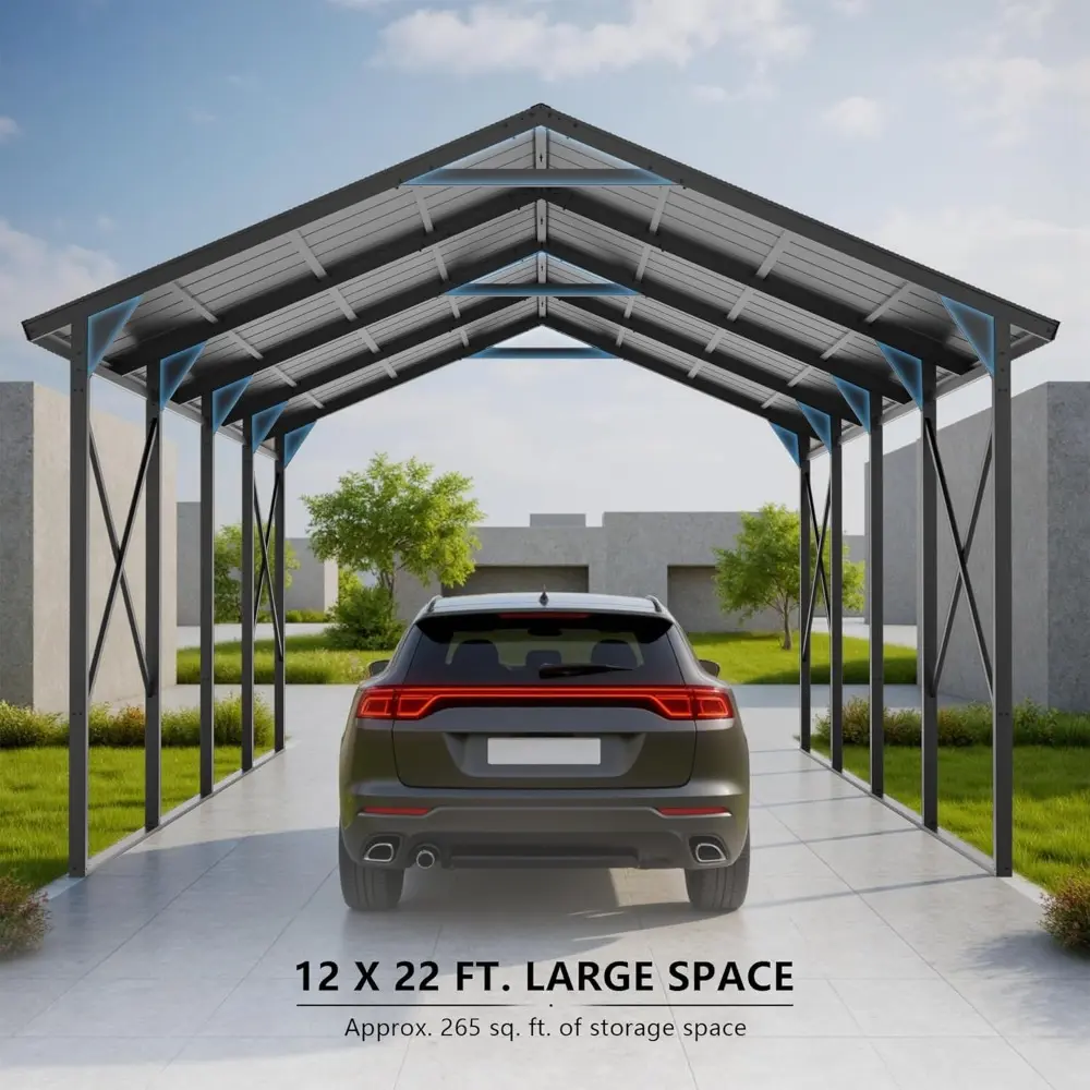12x22 FT Heavy Duty Carport Galvanized Steel Roof & Reinforced Frame, Durable Metal All Weather Carport Garage for Cars,Trucks,