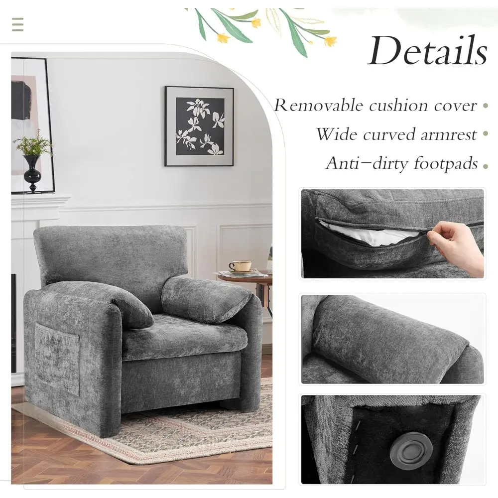 39" Modern Chenille Oversized Armchair, Wide Accent Chair, Mid Century Single Sofa Chairs, Comfy Upholstered Reading Chair for