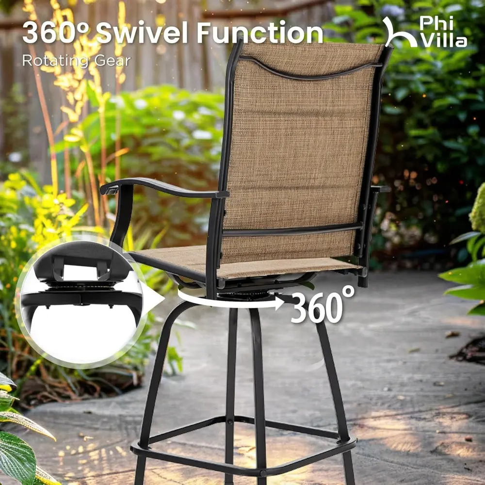 5 Piece Patio Bar Set, High Top Outdoor Table and Chairs for 4 with Swivel Padded Bar Stools Outside and Square Metal Bar Bistr