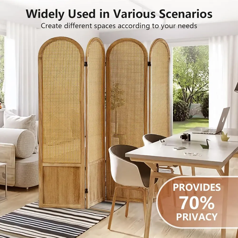 Room Divider 4 Panel, Folding Privacy Screen, Foldable Wood Divider Room Dec, Rattan Room Divider, Portable Partition Screen, Wa