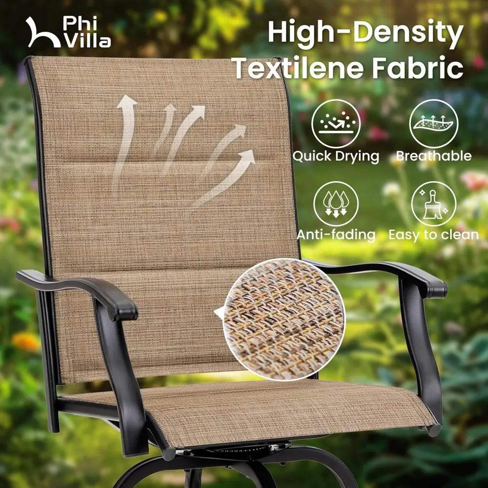 5 Piece Patio Bar Set, High Top Outdoor Table and Chairs for 4 with Swivel Padded Bar Stools Outside and Square Metal Bar Bistr