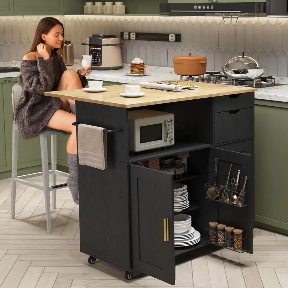 Rolling Mobile Kitchen Island Cart Bar with Drawer and Desktop Drop Leaf Countertop, Island Table Storage with 5 Wheels, Rolling