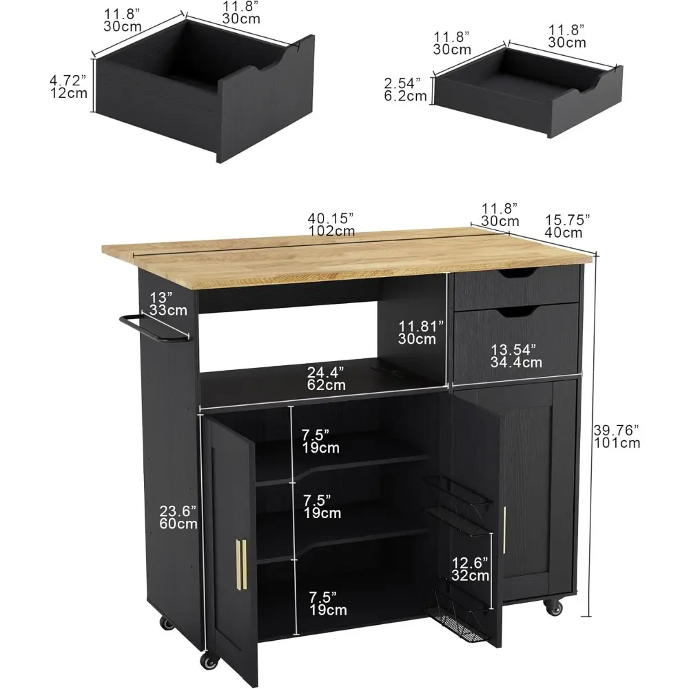 Rolling Mobile Kitchen Island Cart Bar with Drawer and Desktop Drop Leaf Countertop, Island Table Storage with 5 Wheels, Rolling
