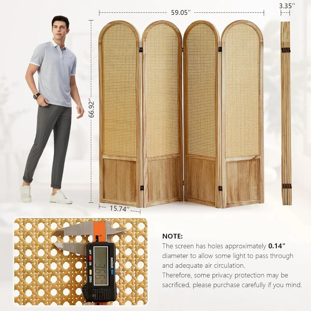 Room Divider 4 Panel, Folding Privacy Screen, Foldable Wood Divider Room Dec, Rattan Room Divider, Portable Partition Screen, Wa