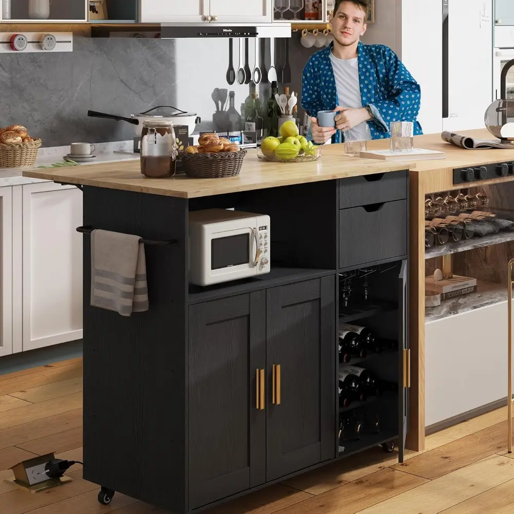 Rolling Mobile Kitchen Island Cart Bar with Drawer and Desktop Drop Leaf Countertop, Island Table Storage with 5 Wheels, Rolling