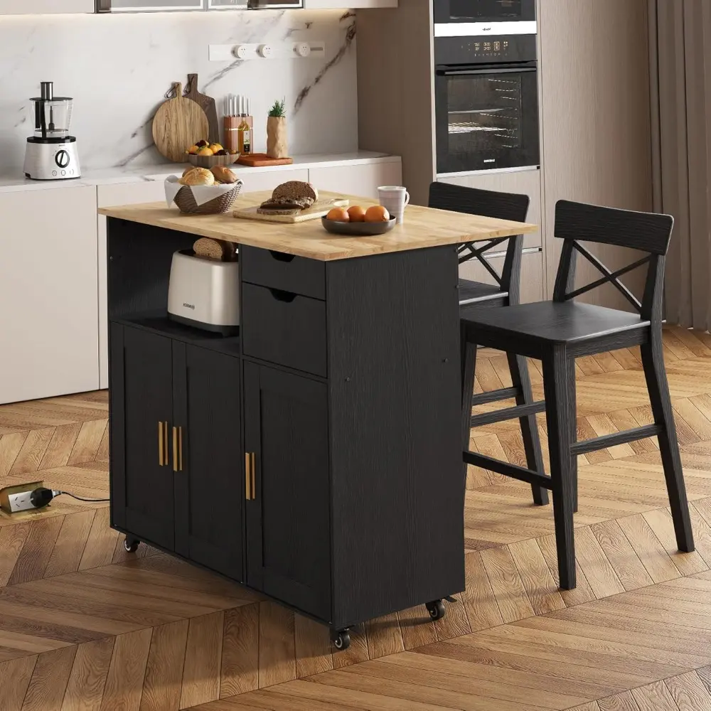 Rolling Mobile Kitchen Island Cart Bar with Drawer and Desktop Drop Leaf Countertop, Island Table Storage with 5 Wheels, Rolling