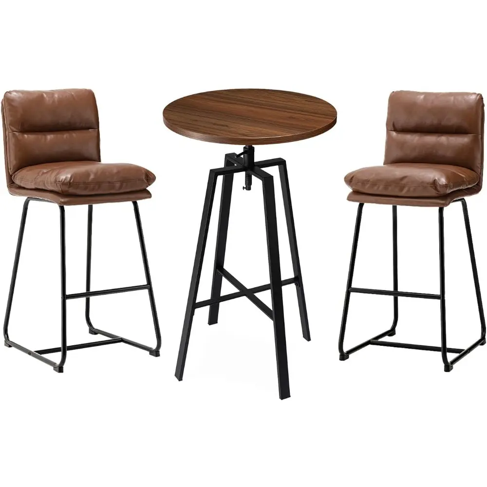 Modern Round Bar Table & Stools Set - Adjustable Height, Walnut Veneer Top, Brown Thick Leatherette Bar Stools, Bistro Table &