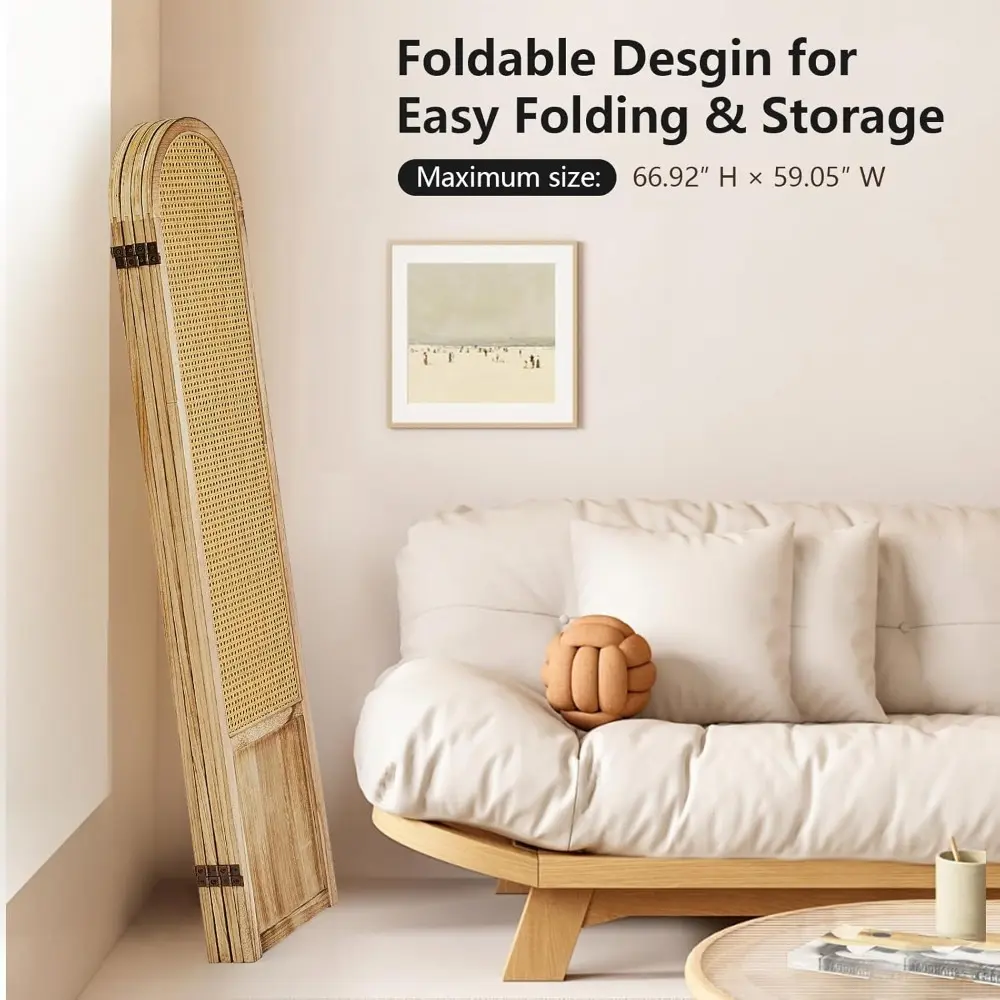 Room Divider 4 Panel, Folding Privacy Screen, Foldable Wood Divider Room Dec, Rattan Room Divider, Portable Partition Screen, Wa