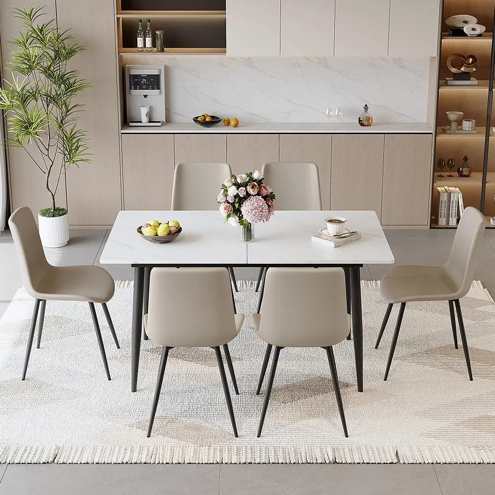 7 Piece Dining Table Set, 59"-75" Extendable Dining Room Table Set with 6 Upholstered Chairs, White Kitchen Table Chairs Set fo