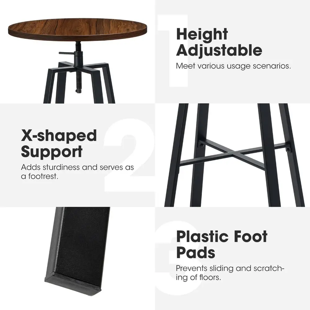 Modern Round Bar Table & Stools Set - Adjustable Height, Walnut Veneer Top, Brown Thick Leatherette Bar Stools, Bistro Table &