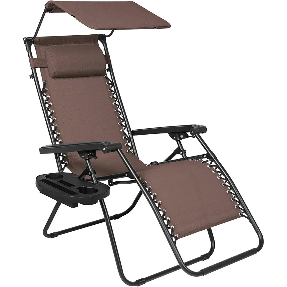 Decor Extra Large Oversized XL 3-in-1 Zero Gravity Chair Patio Adjustable Recliner with Canopy Sunshade and Cupholder (Brown)