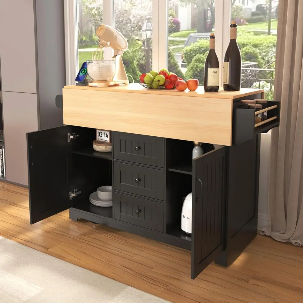 Kitchen Island On Wheels with Power Outlets, Rolling Kitchen Island Cart with Drop Leaf Countertop, Barn Door Kitchen Island Tab