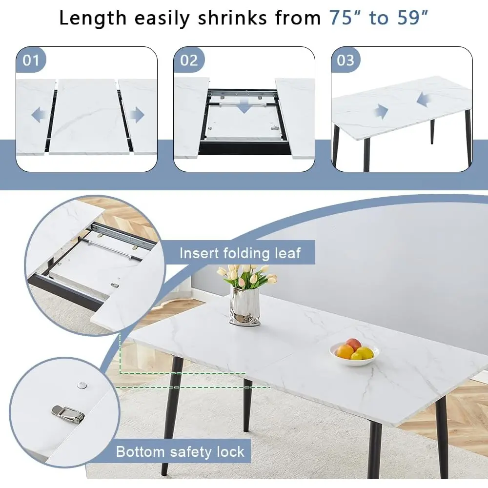 7 Piece Dining Table Set, 59"-75" Extendable Dining Room Table Set with 6 Upholstered Chairs, White Kitchen Table Chairs Set fo