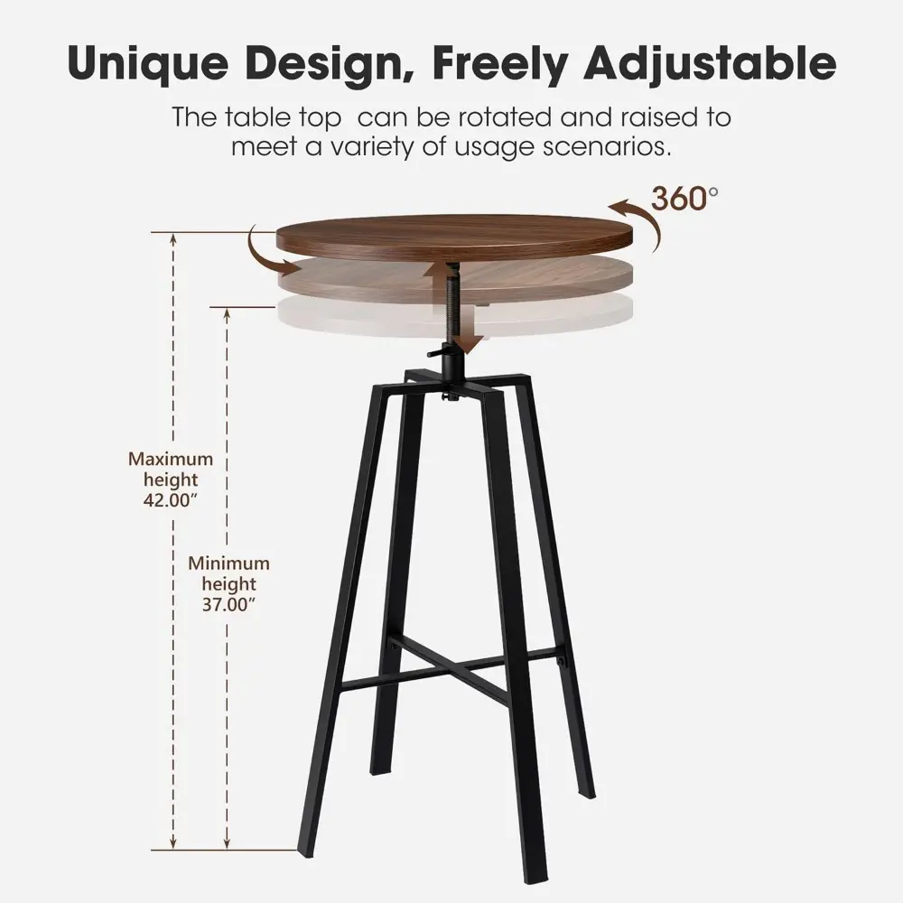Modern Round Bar Table & Stools Set - Adjustable Height, Walnut Veneer Top, Brown Thick Leatherette Bar Stools, Bistro Table &