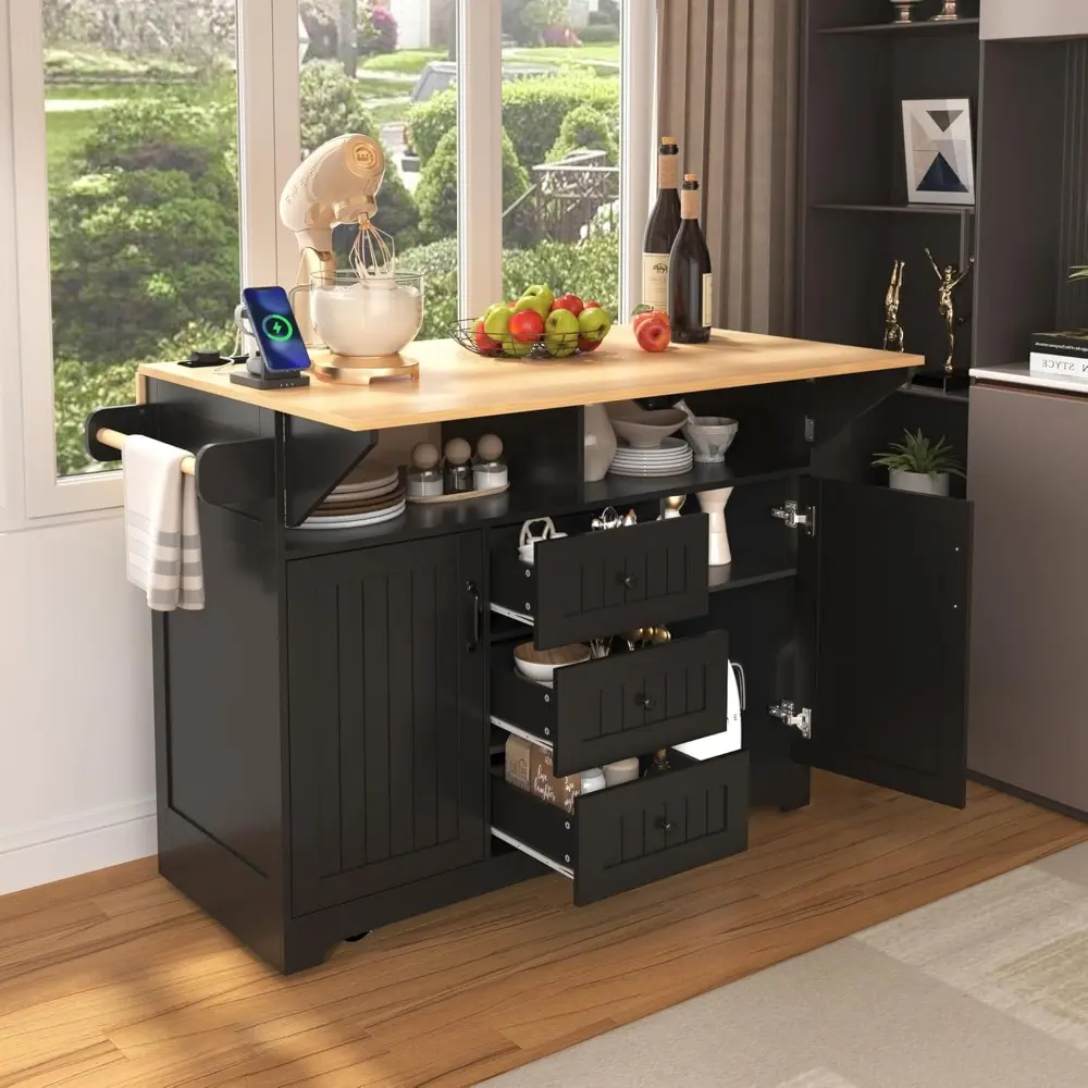 Kitchen Island On Wheels with Power Outlets, Rolling Kitchen Island Cart with Drop Leaf Countertop, Barn Door Kitchen Island Tab