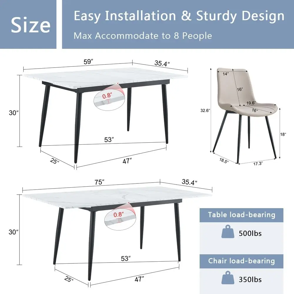 7 Piece Dining Table Set, 59"-75" Extendable Dining Room Table Set with 6 Upholstered Chairs, White Kitchen Table Chairs Set fo