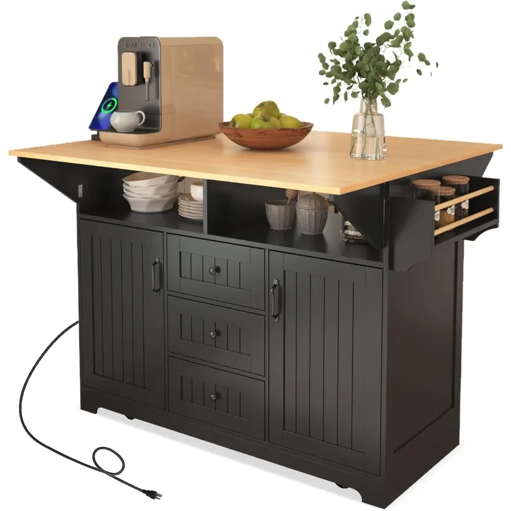 Kitchen Island On Wheels with Power Outlets, Rolling Kitchen Island Cart with Drop Leaf Countertop, Barn Door Kitchen Island Tab