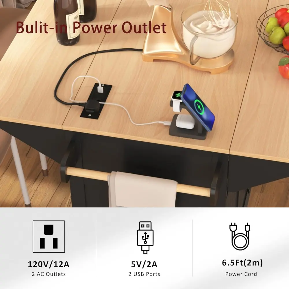 Kitchen Island On Wheels with Power Outlets, Rolling Kitchen Island Cart with Drop Leaf Countertop, Barn Door Kitchen Island Tab
