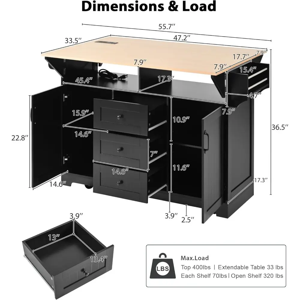 Kitchen Island On Wheels with Power Outlets, Rolling Kitchen Island Cart with Drop Leaf Countertop, Barn Door Kitchen Island Tab