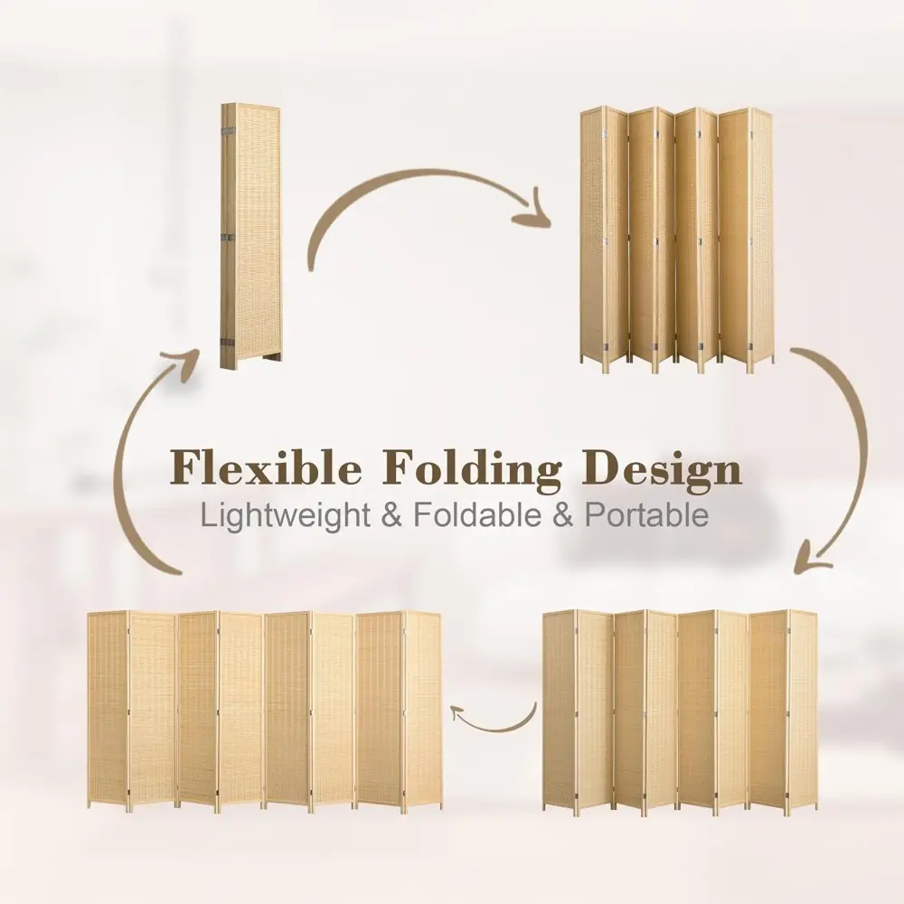 8 Panel Bamboo Room Divider, Folding Privacy Screen for Room Separation, Natural Wood Room Partitions and Dividers, Patio Priva