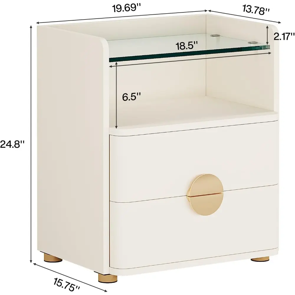 Modern Nightstand Set of 2, Nightstand with 2 Drawers & Open Storage Shelf, White Bed Side Table for Bedroom, Tempered Glasses