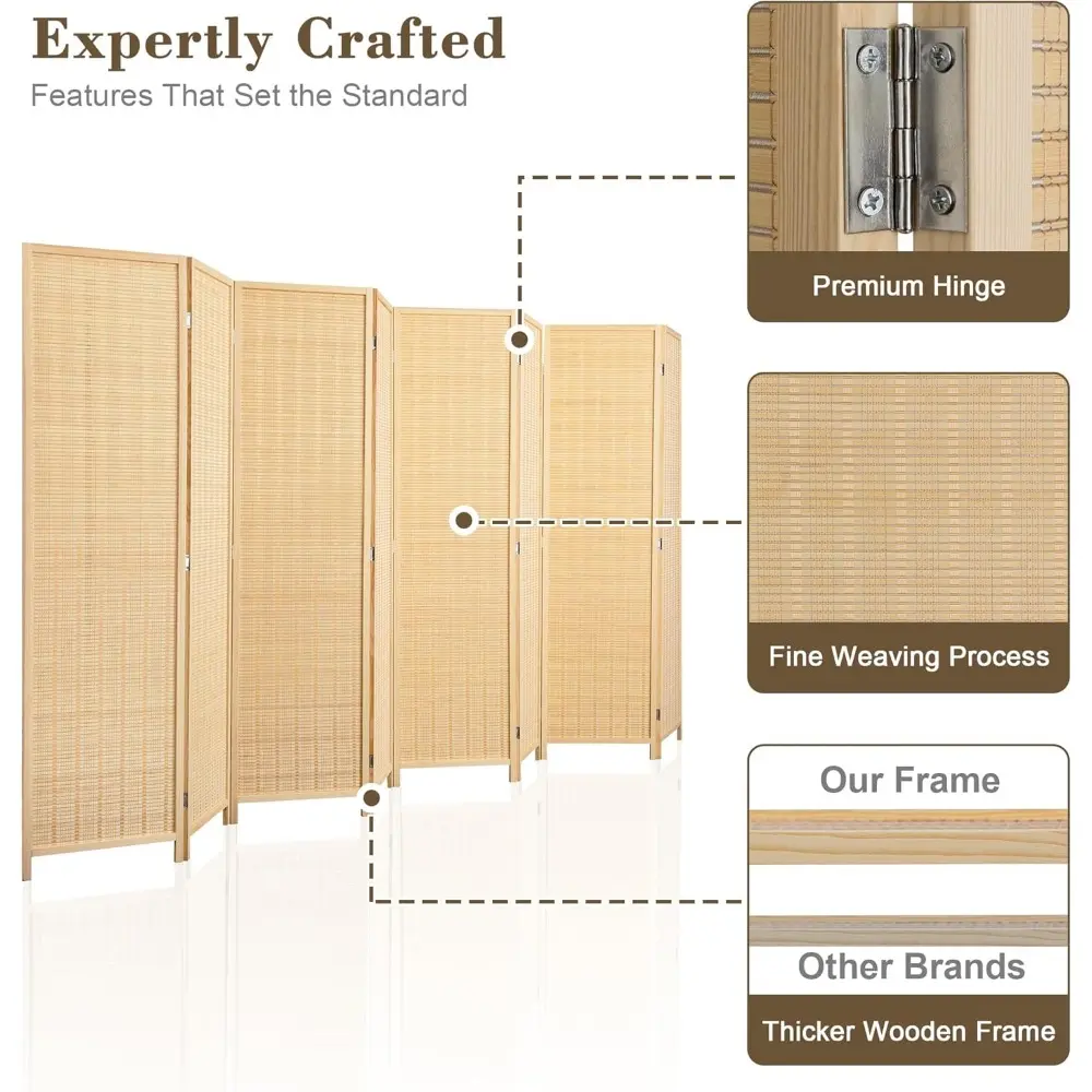 8 Panel Bamboo Room Divider, Folding Privacy Screen for Room Separation, Natural Wood Room Partitions and Dividers, Patio Priva