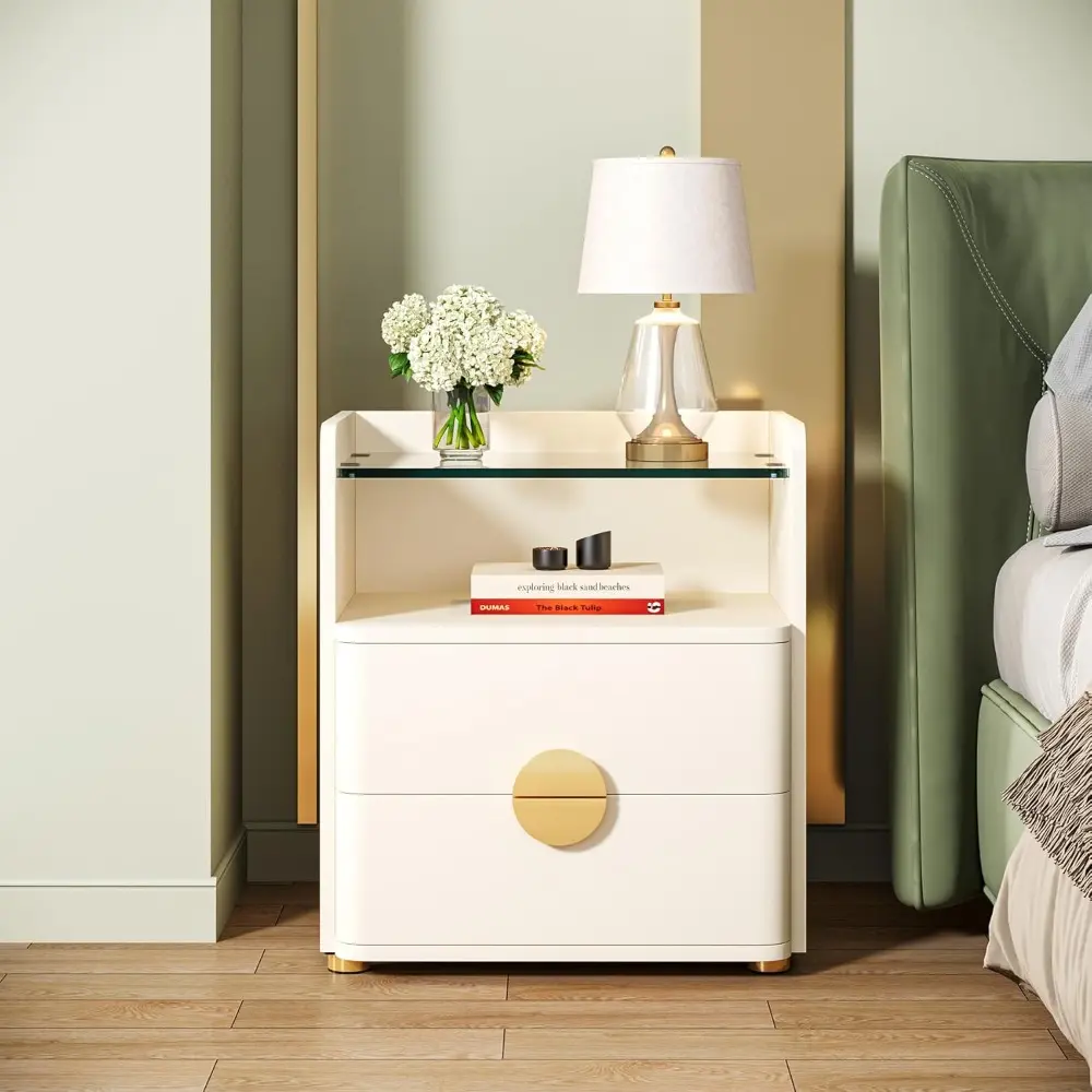 Modern Nightstand Set of 2, Nightstand with 2 Drawers & Open Storage Shelf, White Bed Side Table for Bedroom, Tempered Glasses