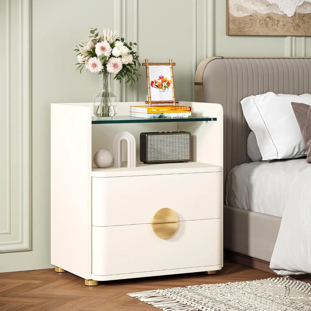 Modern Nightstand Set of 2, Nightstand with 2 Drawers & Open Storage Shelf, White Bed Side Table for Bedroom, Tempered Glasses