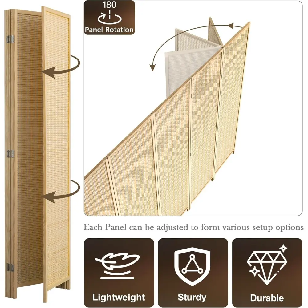 8 Panel Bamboo Room Divider, Folding Privacy Screen for Room Separation, Natural Wood Room Partitions and Dividers, Patio Priva