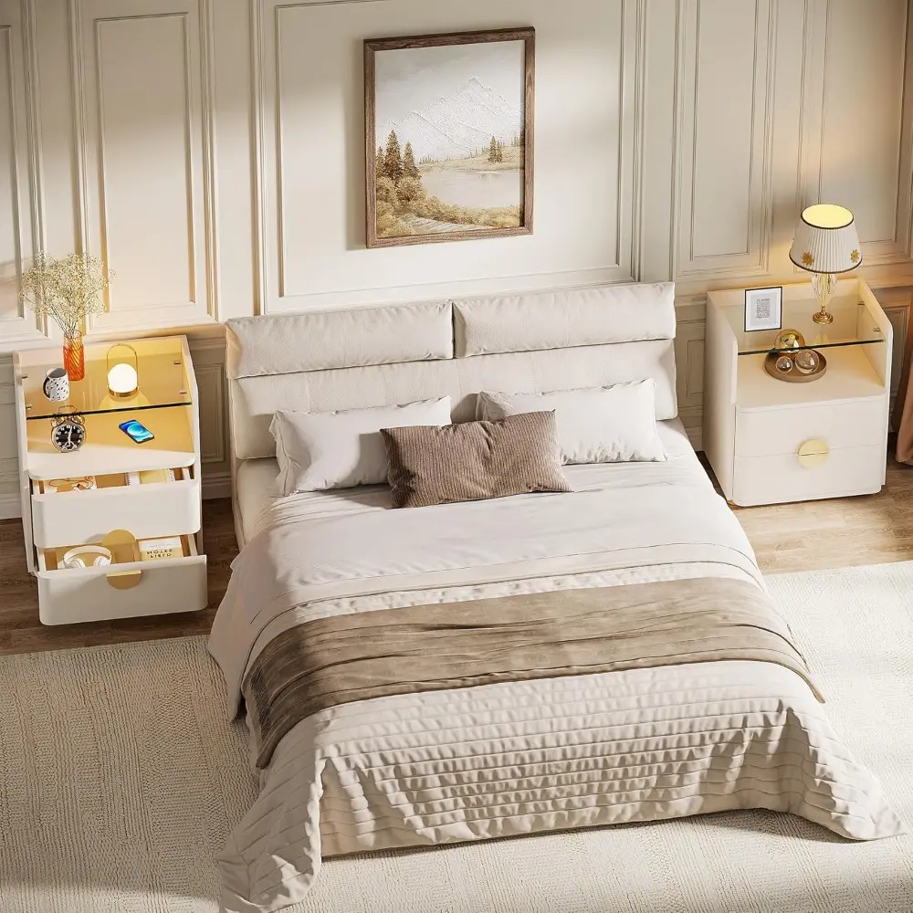 Modern Nightstand Set of 2, Nightstand with 2 Drawers & Open Storage Shelf, White Bed Side Table for Bedroom, Tempered Glasses