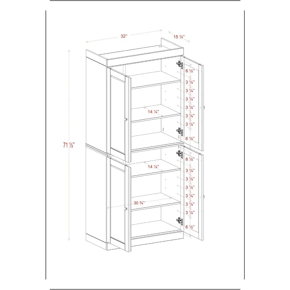 100% Solid Wood 2-Drawer Pantry with 4 Doors for Bathroom Storage, White, 32" W x 71.5" H, Renewable Eco-Friendly, Made in Braz