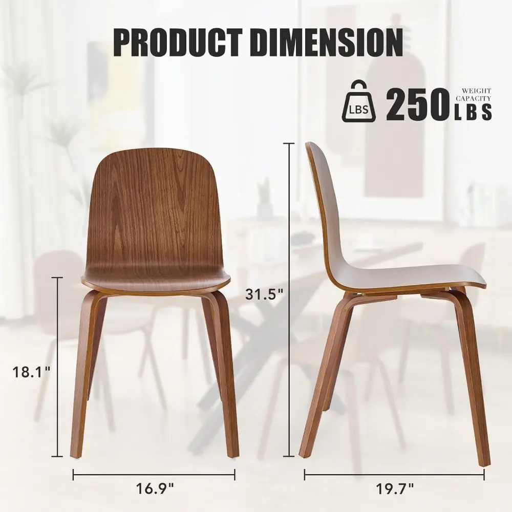 Solid Wood Dining Chairs Set of 4, Wooden Kitchen Chairs with Integrated Backrest, Non-Slip Swivel Foot Pads, Walnut Grain, Mode
