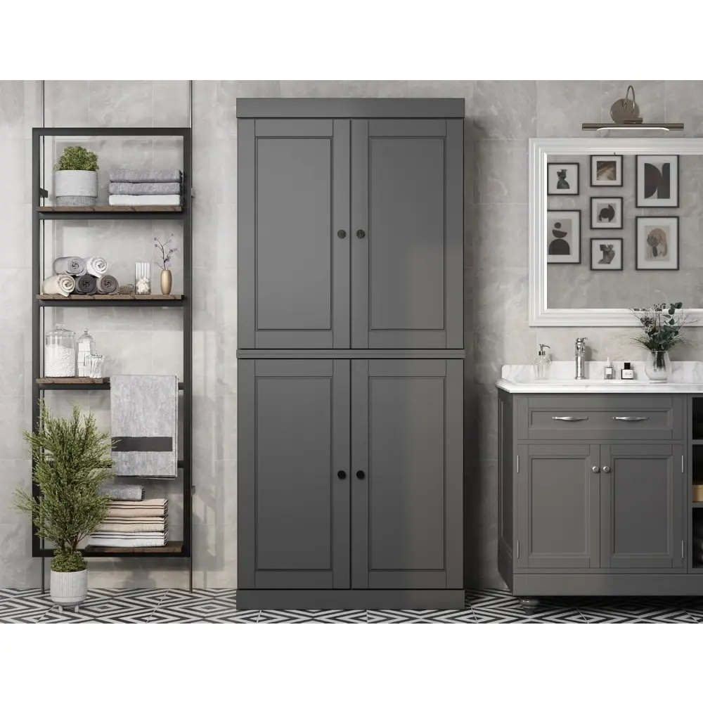 100% Solid Wood 2-Drawer Pantry with 4 Doors for Bathroom Storage, White, 32" W x 71.5" H, Renewable Eco-Friendly, Made in Braz
