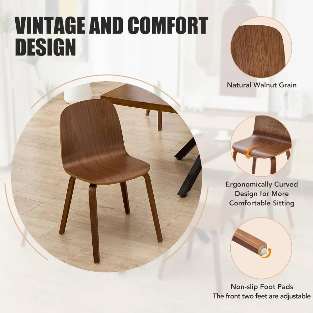 Solid Wood Dining Chairs Set of 4, Wooden Kitchen Chairs with Integrated Backrest, Non-Slip Swivel Foot Pads, Walnut Grain, Mode