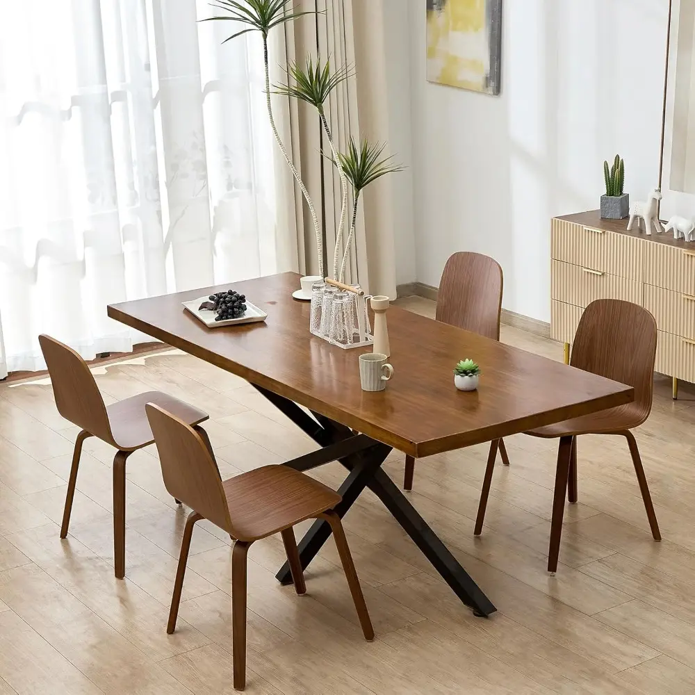 Solid Wood Dining Chairs Set of 4, Wooden Kitchen Chairs with Integrated Backrest, Non-Slip Swivel Foot Pads, Walnut Grain, Mode