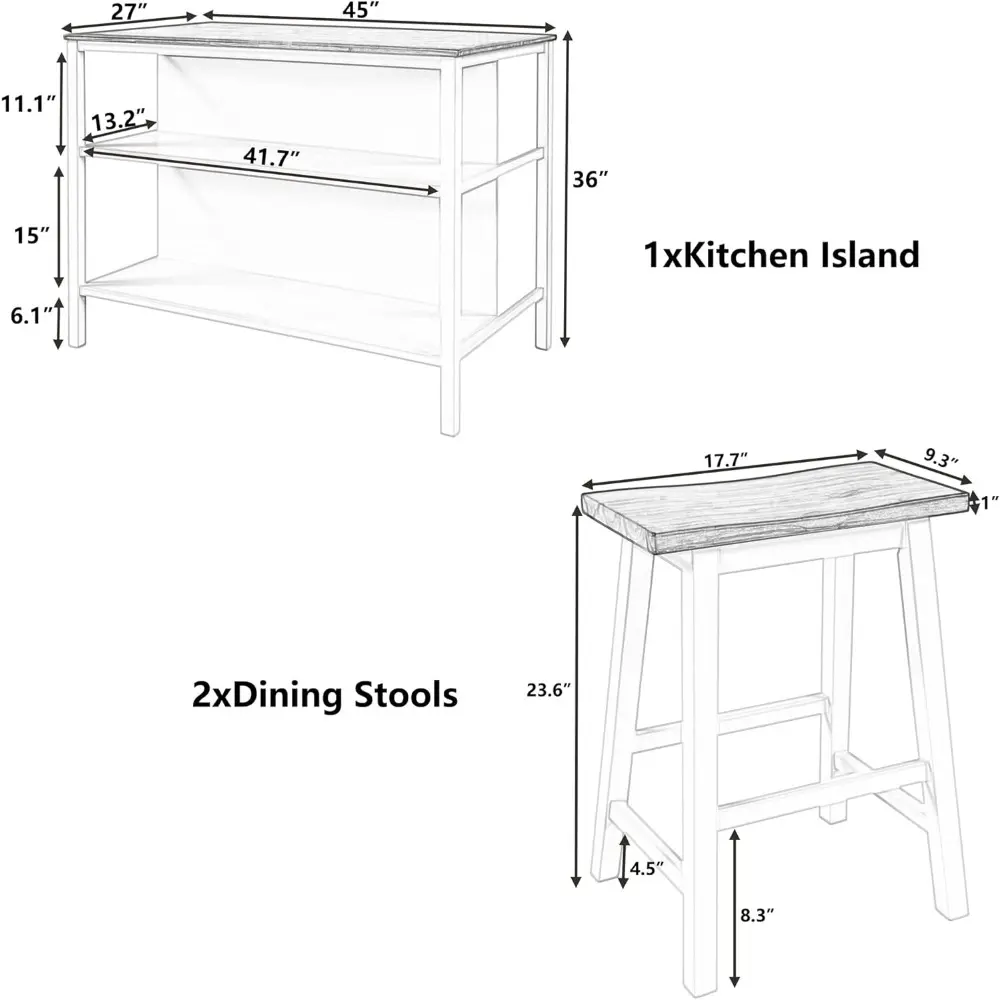 Harper & Bright Designs 3-Piece Kitchen Island Set with 2 Stools and 2 Open Shelves, Rustic Rubber Wood Dining Table Set Prep Ta