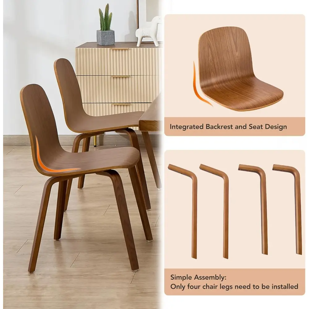 Solid Wood Dining Chairs Set of 4, Wooden Kitchen Chairs with Integrated Backrest, Non-Slip Swivel Foot Pads, Walnut Grain, Mode