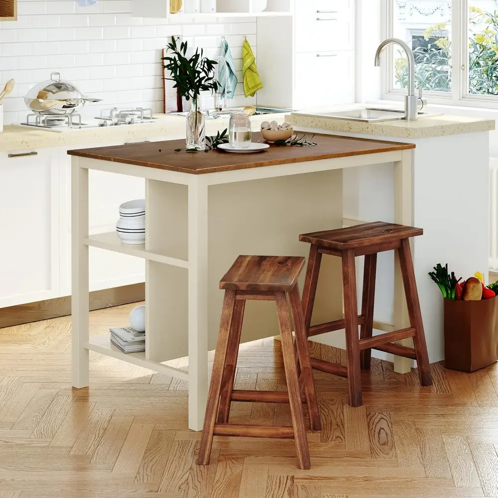 Harper & Bright Designs 3-Piece Kitchen Island Set with 2 Stools and 2 Open Shelves, Rustic Rubber Wood Dining Table Set Prep Ta