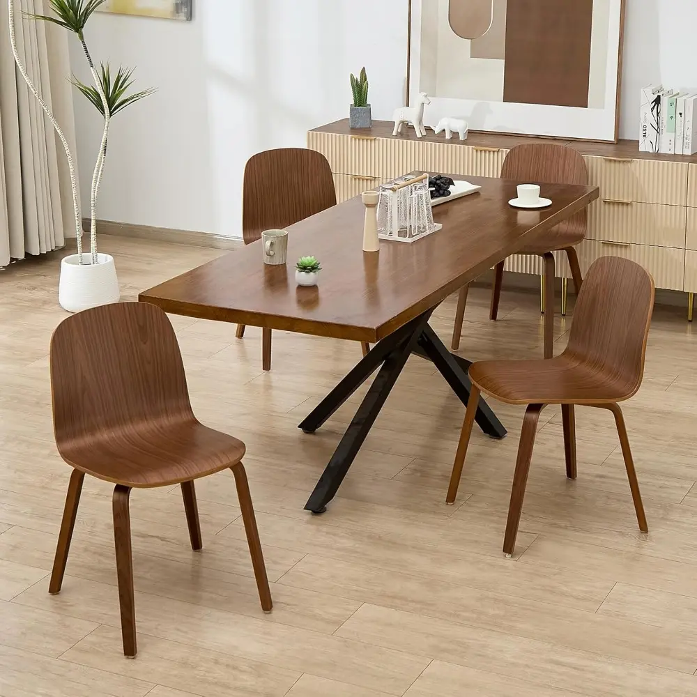 Solid Wood Dining Chairs Set of 4, Wooden Kitchen Chairs with Integrated Backrest, Non-Slip Swivel Foot Pads, Walnut Grain, Mode