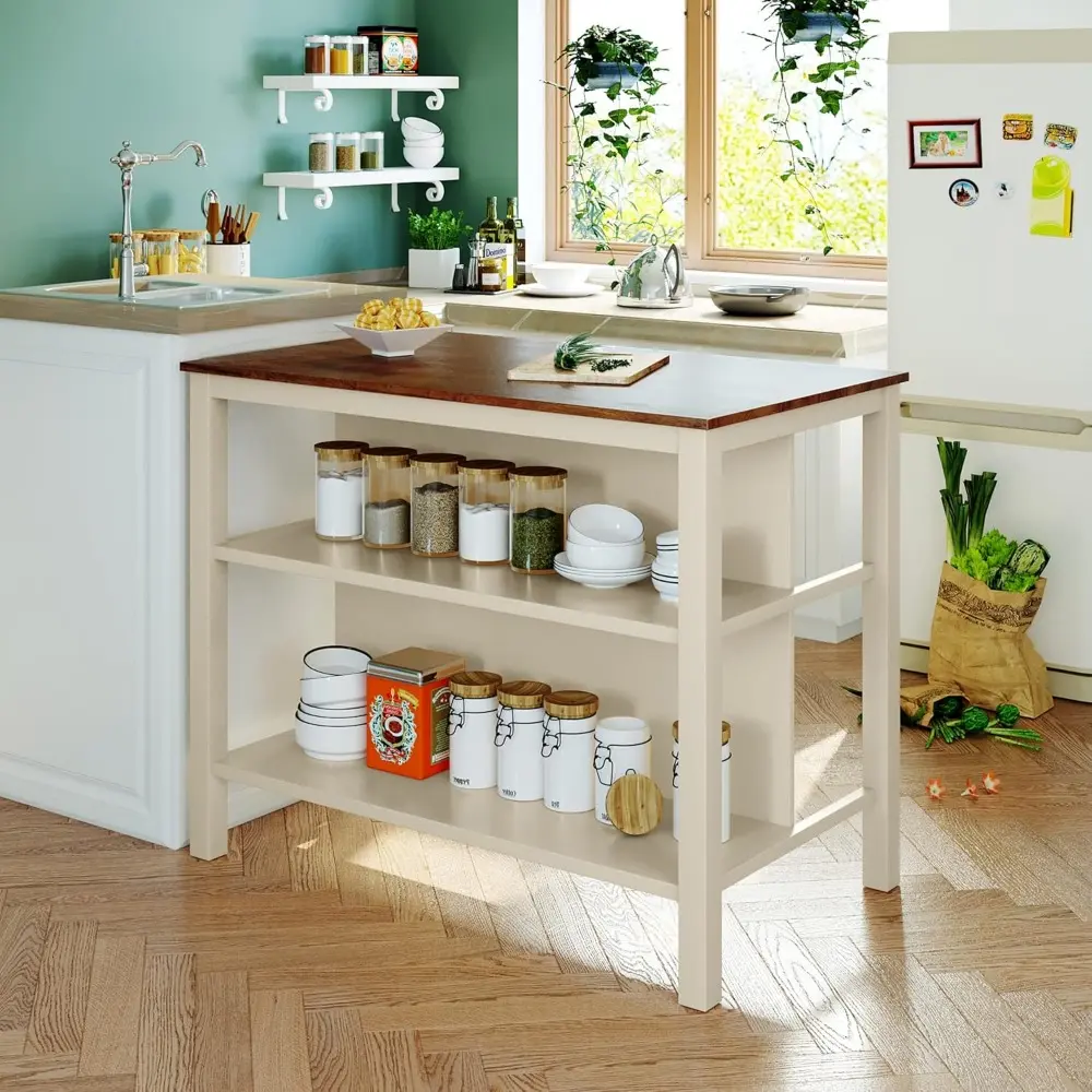 Harper & Bright Designs 3-Piece Kitchen Island Set with 2 Stools and 2 Open Shelves, Rustic Rubber Wood Dining Table Set Prep Ta