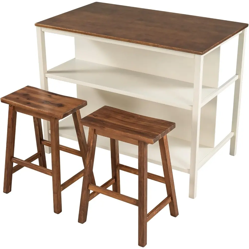 Harper & Bright Designs 3-Piece Kitchen Island Set with 2 Stools and 2 Open Shelves, Rustic Rubber Wood Dining Table Set Prep Ta