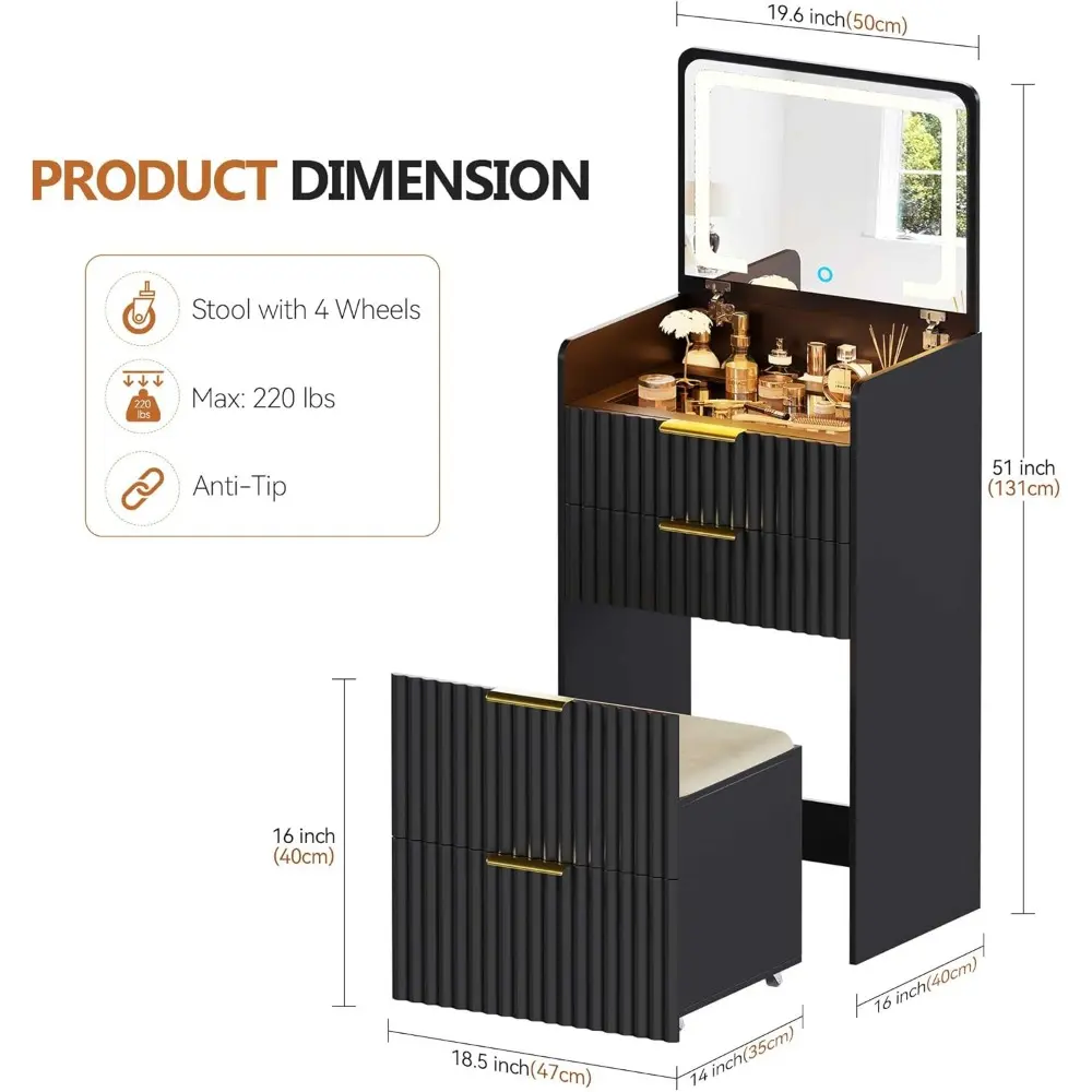 LED Vanity with Flip Top Mirror, 3 in 1 Small Makeup Desk with Glass Desktop, Compact Dressing Table with Storage and Cushioned