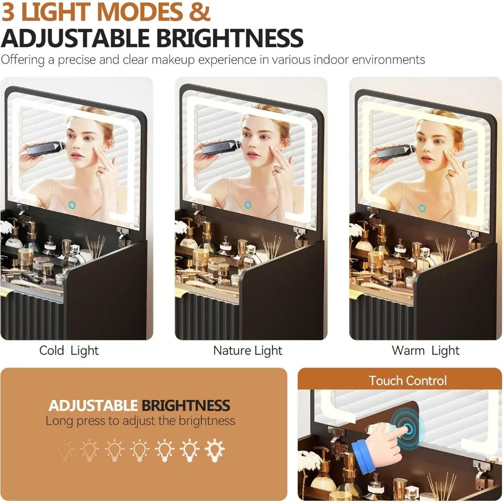 LED Vanity with Flip Top Mirror, 3 in 1 Small Makeup Desk with Glass Desktop, Compact Dressing Table with Storage and Cushioned