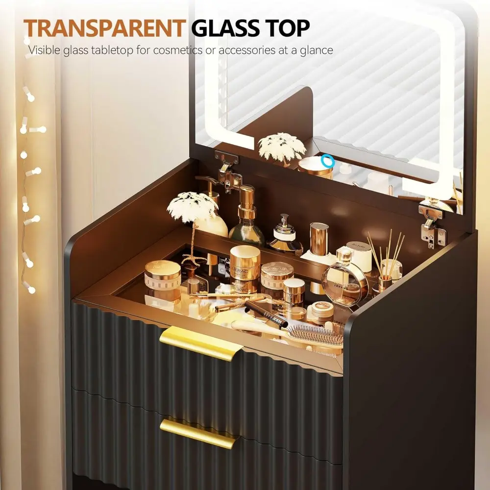 LED Vanity with Flip Top Mirror, 3 in 1 Small Makeup Desk with Glass Desktop, Compact Dressing Table with Storage and Cushioned